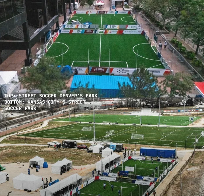 Two aerial views of Street Soccer Parks in Denver and Kansas City